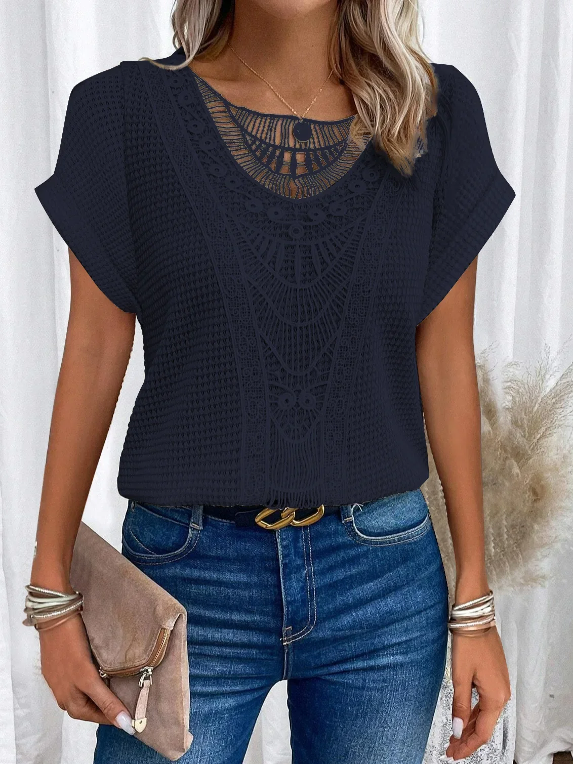 Elegant Patchwork Short Sleeve T-Shirt Solid O-Neck Tops Women Casual Fashion Spring Summer Streetwear Female Clothes