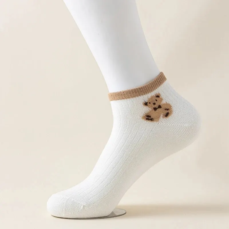 5 Pairs of Cute Teddy Bear WOMEN\'S Short Socks with Shallow Mouthed Spring and Summer Casual Matching Short Tube Boat Socks