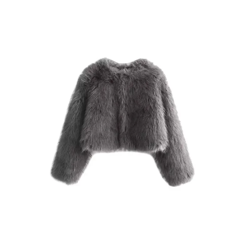 Thick Warm Women's Faux Fur Cropped Jacket, O Neck, Long Sleeve, Female Outerwear, Chic Tops, Fashion
