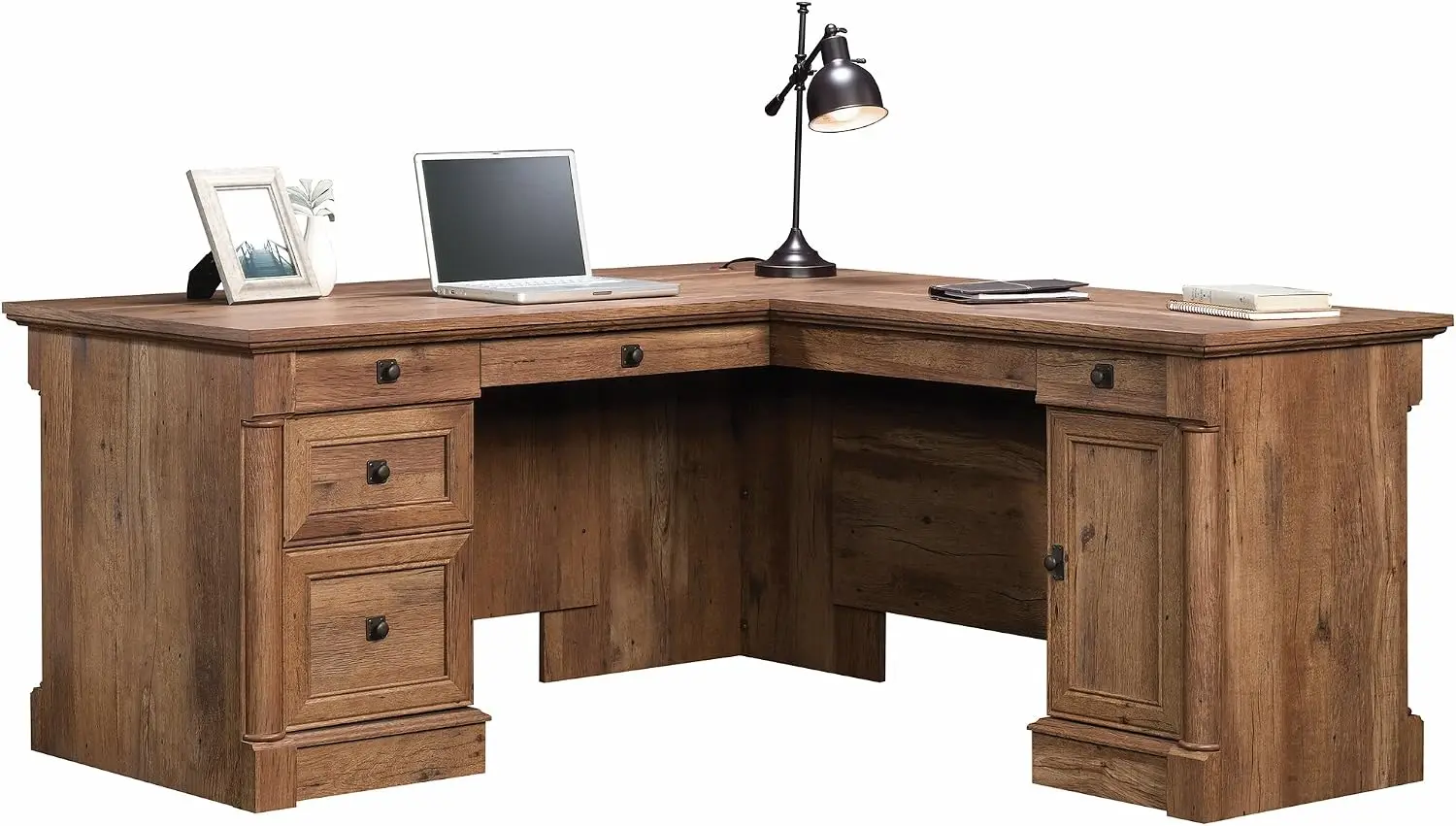 Palladia L Shaped Desk with Drawers, Office Desk with File Cabinet Storage, Cable Management, Keyboard Tray, in Vintage Oak Fini