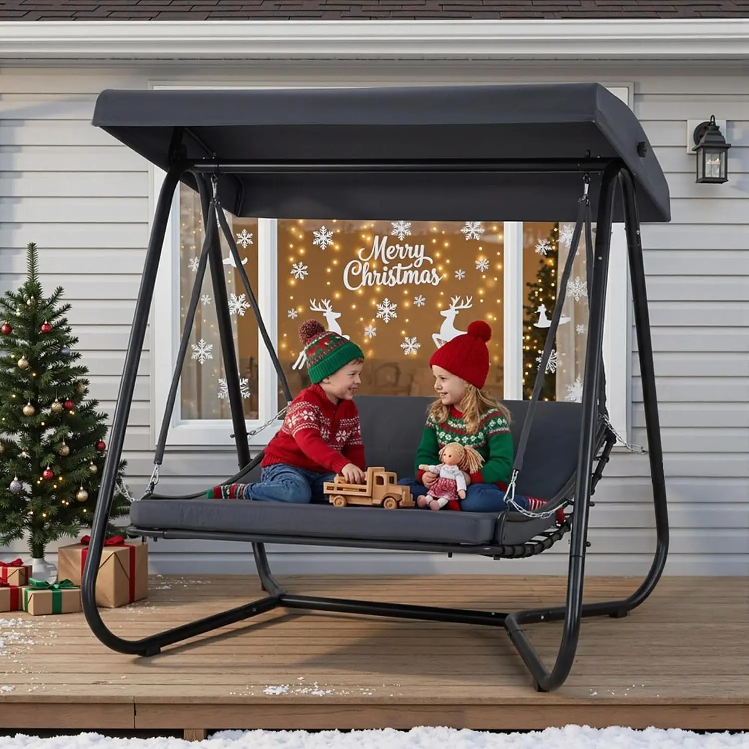 2-Seat Hammock Swing Chair With Recliner & Adjustable Canopy, Outdoor Lounge Chair With Thickened Cushions, Customized