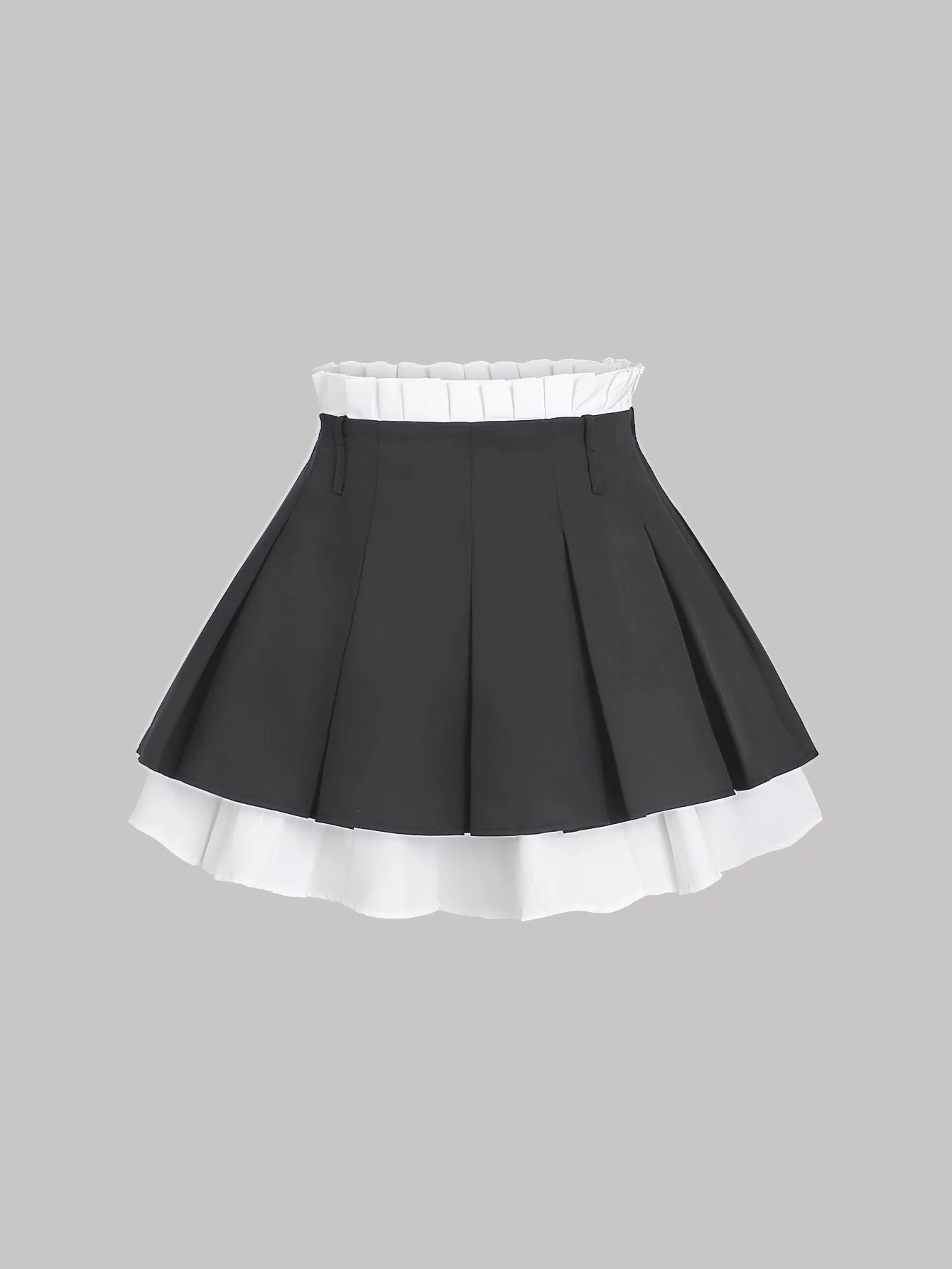 Women Casual Summer Pleated Mini Skirt, Black White Color Block Double Layer Ruffle Waist, Sweet Versatile JK School Preppy Shor