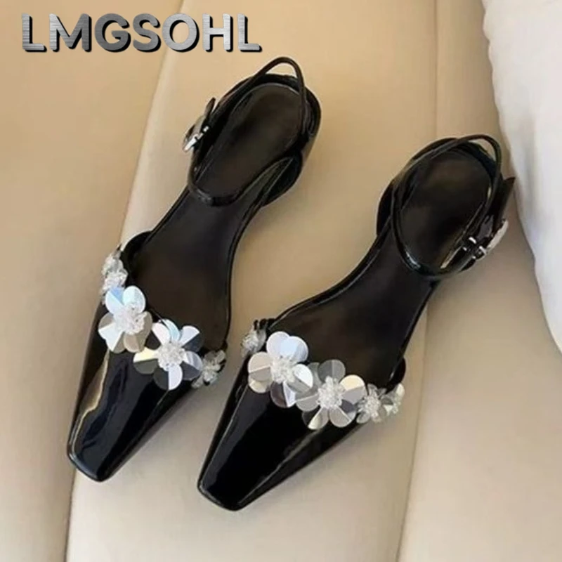 

Luxury Women Heeled Sandals Bling Square Toe Chunky Shoes Summer 2025 Fashion New Slippers Sexy Dress Party Woman Brand Pumps