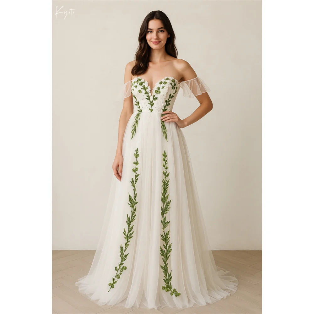 

Kyoto Customized Green Leaf Embroidery A-line Wedding Dress Off The Shoulder Lace-up vestidos de novia Floor-length Formal Gow