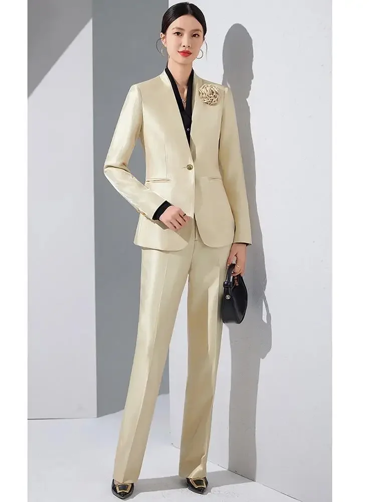 Pop feminino blazer calças define apliques de ouro duas peças 2024 outono trabalho wear calças formal cor sólida manga longa topos pantsui