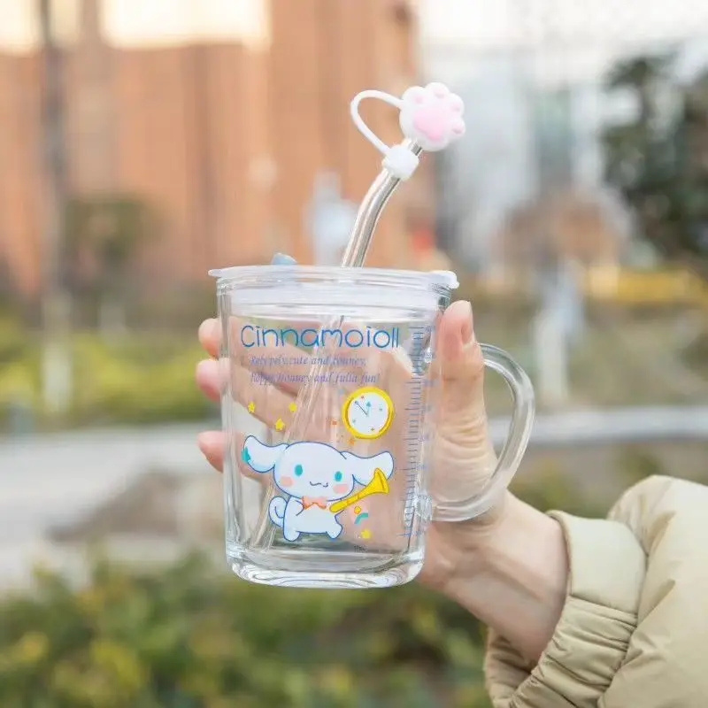 Sanrio Hello Kitty Drinkware Kuromi My Melody Cinnamoroll Glass Water Straw Cup Home Baby Milk Cup Lid Kids Creative