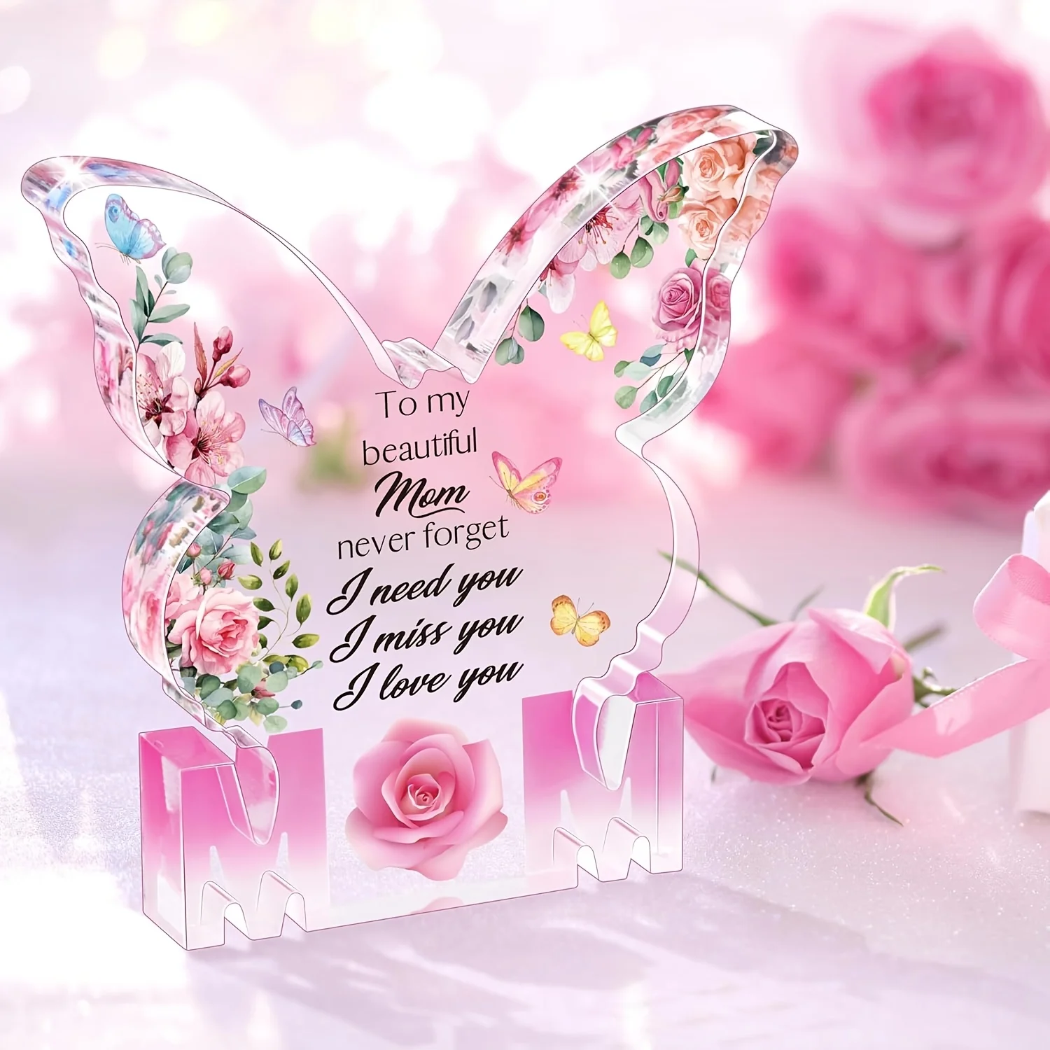 Gifts for Mom Birthday Gifts for Mom from Daughter Son Delicate Butterfly-Shaped Rose Acrylic Plaque Mom Present Thanksgiving