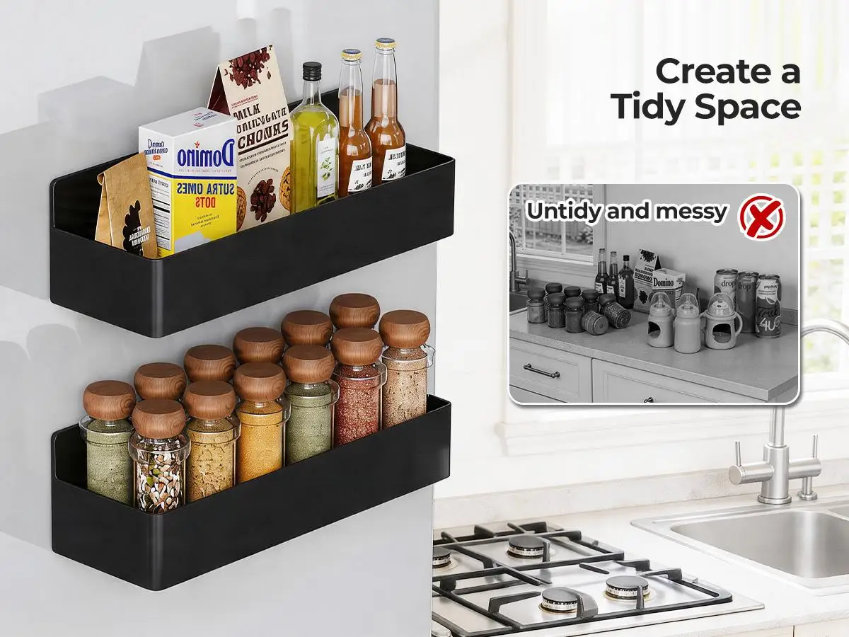 Nieifi 4-Pack Black Magnetic Kitchen Organiser, ABS Multifunctional Home Storage Rack with Strong Magnets, Space-Saving Design for Fridge & Coffee Bar summerwins