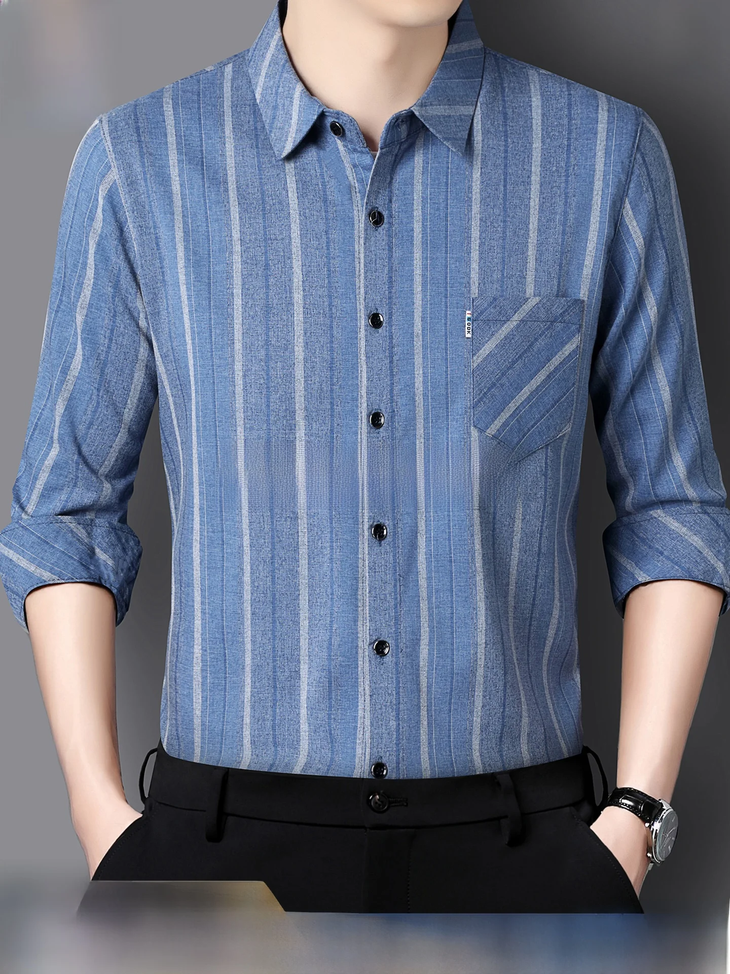 

High-End Stripe Silk Long Sve Casual irt for Men Cotton Linen Spring Autumn Dad Clothing Breathable Comfortable