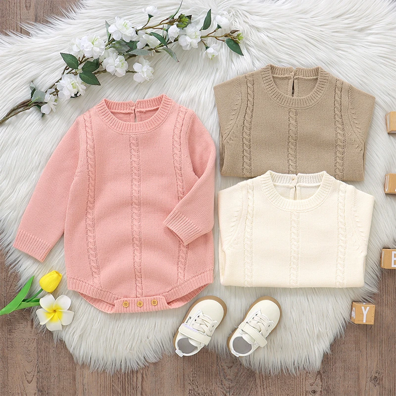 

VISgogo 0-18 Months Baby Girl Boy Sweater Romper Solid Color Crew Neck Long Sleeve Cable Knit Bodysuits for Winter Fall