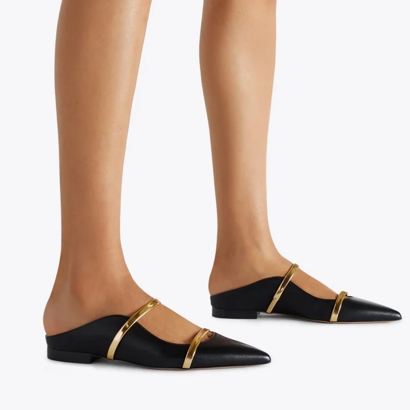 2026 New Style Flat Mules Casual Shoes With Double Buckle Straps Fashionable Half Slipper Pointed-Toe Flat Shoes Big Size 35-45