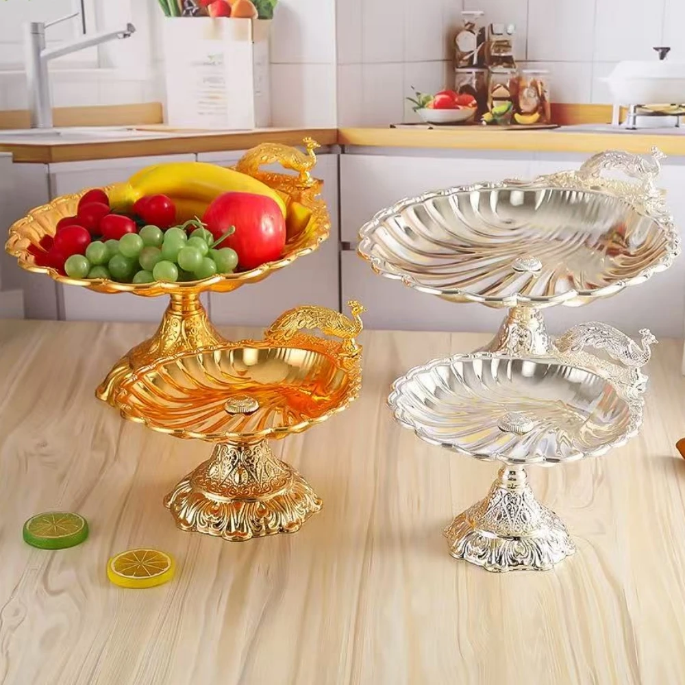 Multiple Sizes Peacock Shape Fruit Tray,Retro Alloy Engraving Shell Texture Home Cheese Food Plate,Snack Disc Table Decoration