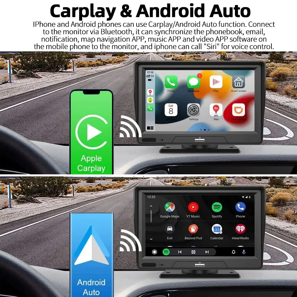 Dual Lens Sem Fio Dash Cam, Carplay, Gravador DVR Auto Android, Split IPS Touch Screen, Invertendo Monitor, Câmera de Rádio, FM, BT, 7