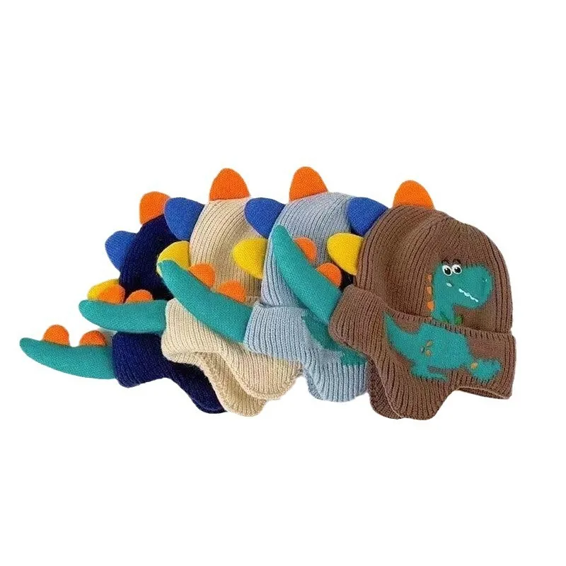 Outono e inverno novas crianças bonito dinossauro quente gorro chapéu menino meninas dos desenhos animados à prova de vento espessamento earmuffs chapéus