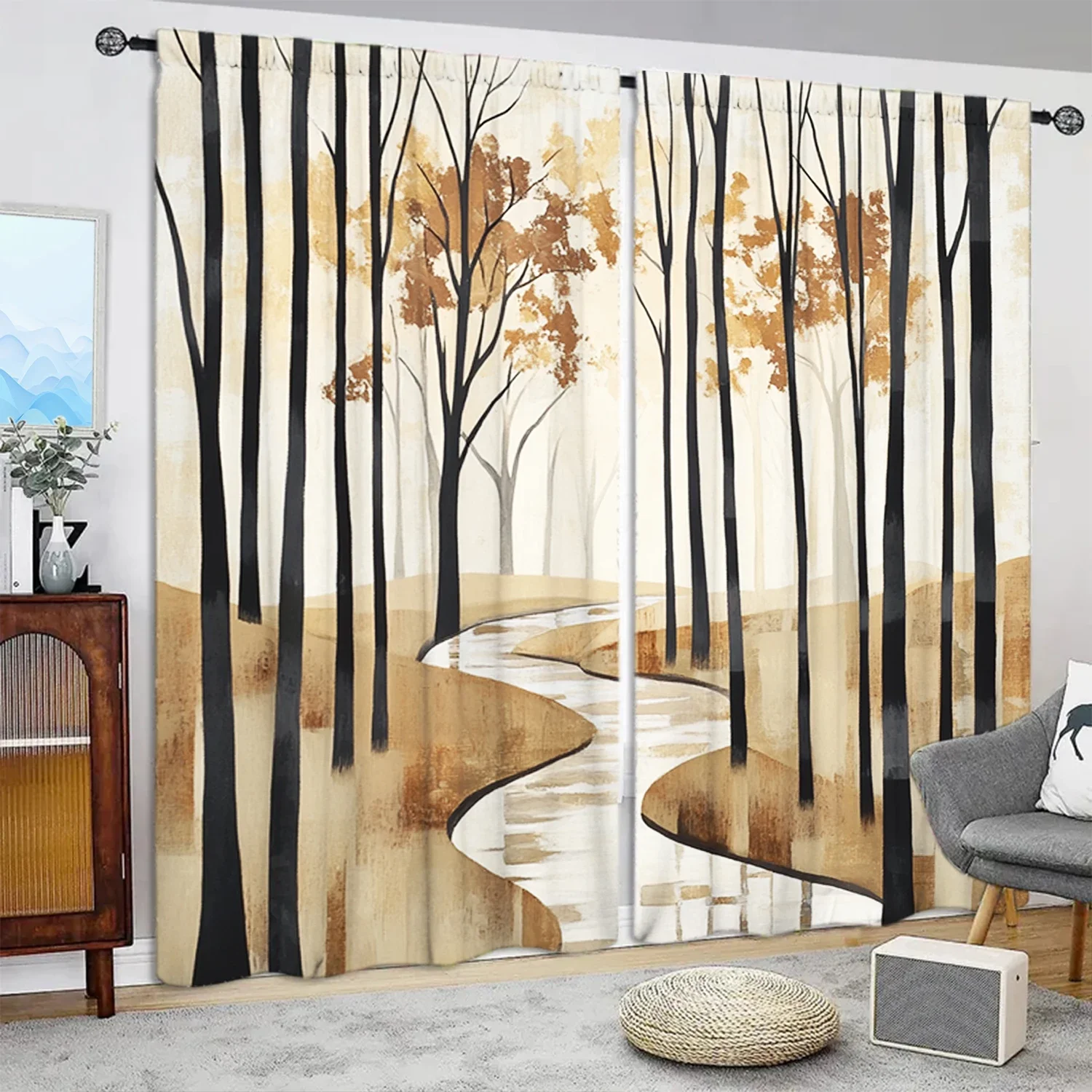 2pcs Nordic Style Watercolor Forest Printed Curtain for Home Decor - Rod Pocket Window Treatment for Bedroom, Office, Kitchen