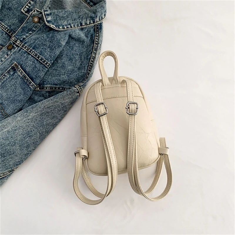 Vintage Small Backpack Fashion Double Strap Shoulder Bag for Women Solid Color Letter Printed Rucksack PU Leather Mini Backpack