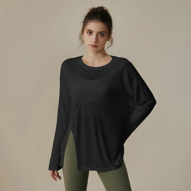 

Soft Yoga Clothing Women Running Sport Loose Blouse T-Shirt Pilates Training Long Sleeve Breathable Hollow Out Split Top Fitness