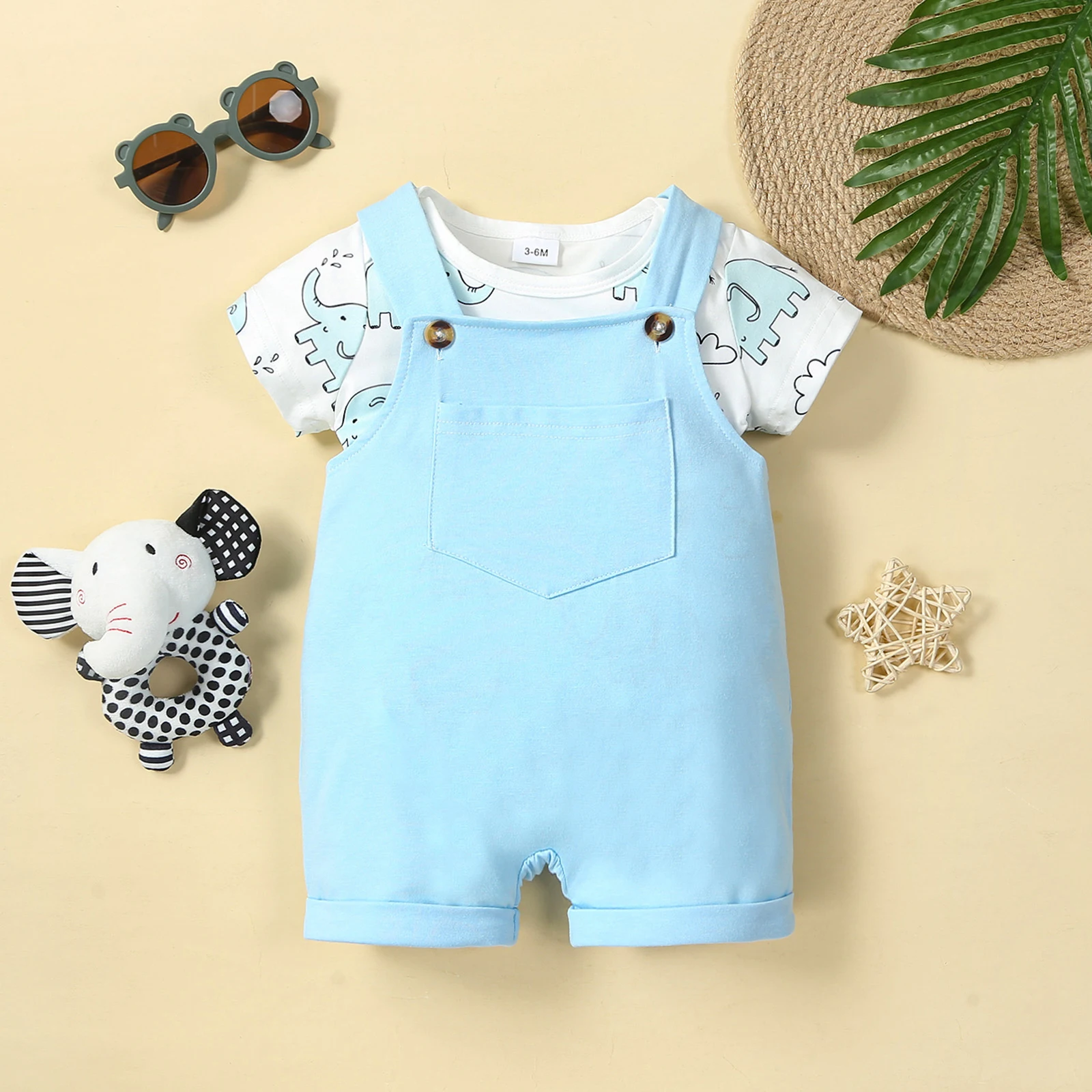 Baby Boys Casual Cartoon Elephant Print Romper & Solid Bib Pants 2Pcs Set 2023 Summer Infant Newborn Clothing