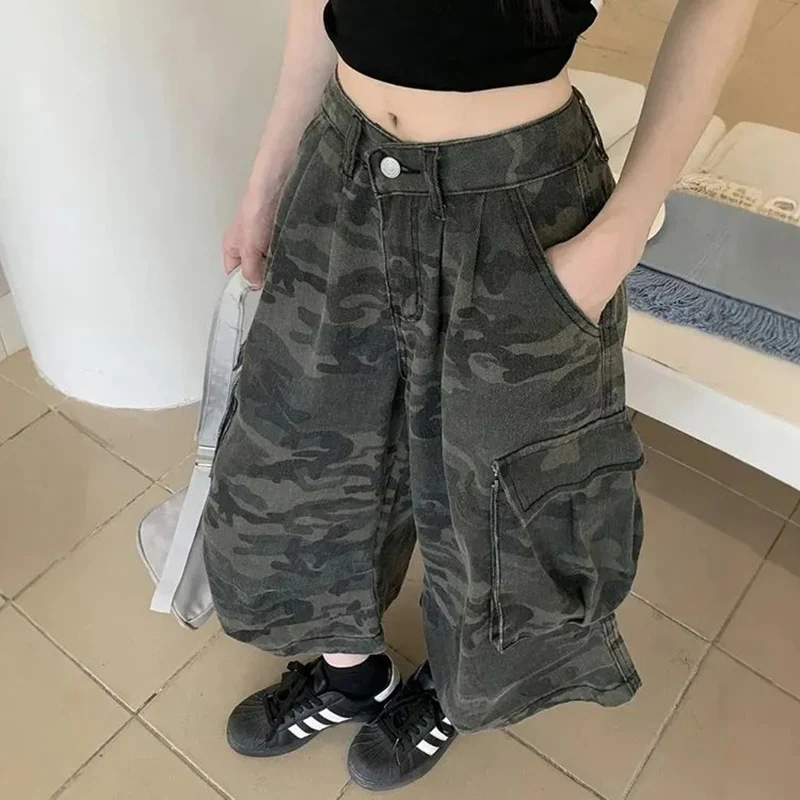 High Street Women Loose Fit Capri Jeans Lady High Waist Thin Denim Pants Girls Vintage Camouflage Straight Leg Trousers