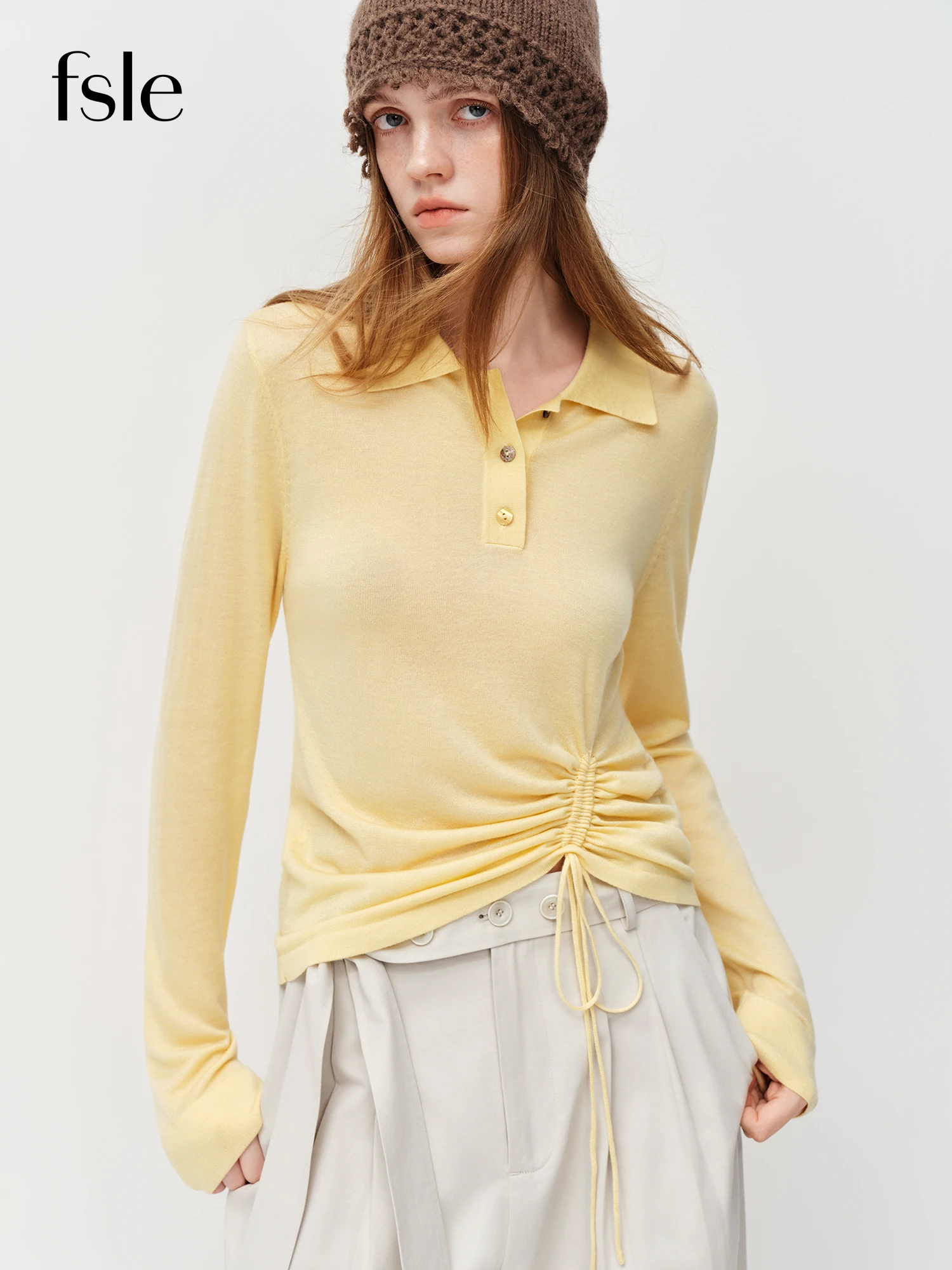 

FSLE 2025 Spring Women's Solid Color Polo Collar Long Sleeve Knit Top Adjustable Waist Drawstring - Office Ready Casual Pullover