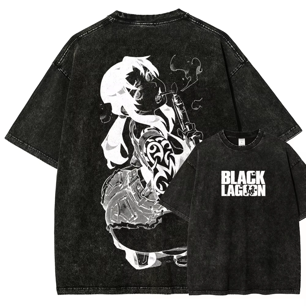 Black Lagoon Washed T-shirt Oversized Unisex Retro Fashion Fashion Street Casual Classic Loose Streetwear Trendy Cotton Couples