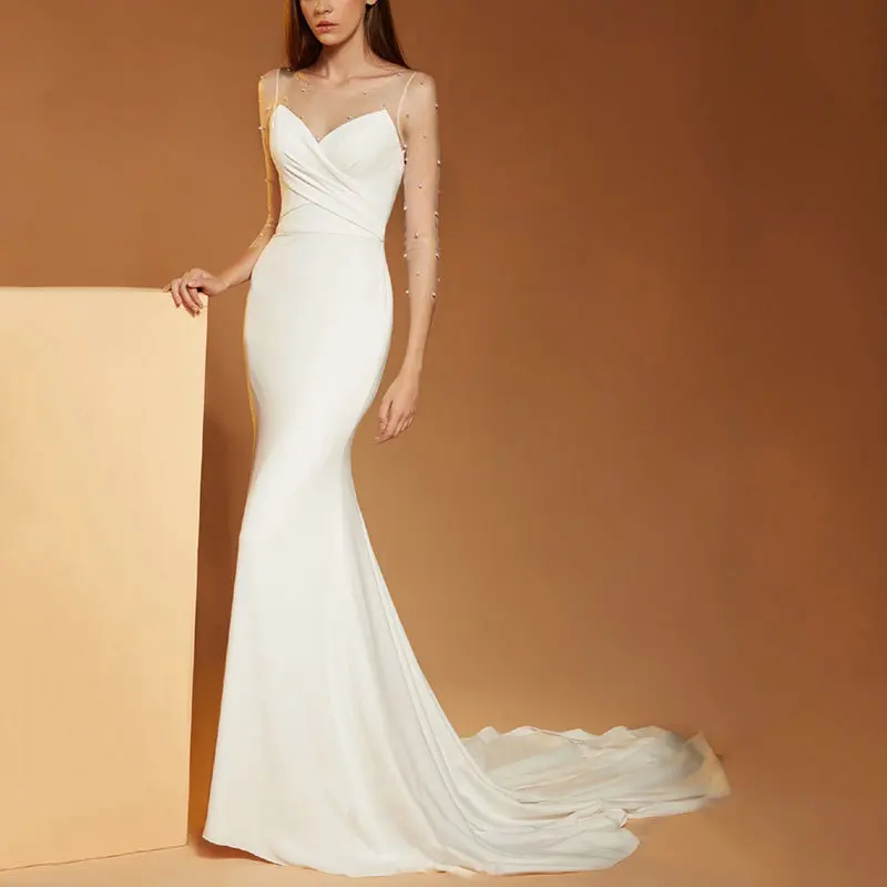 

Elegant Satin Slimming Bride Light Gauze Fashion Indoor Mermaid Toast Dress Waist-Cinching Train Banquet Gown