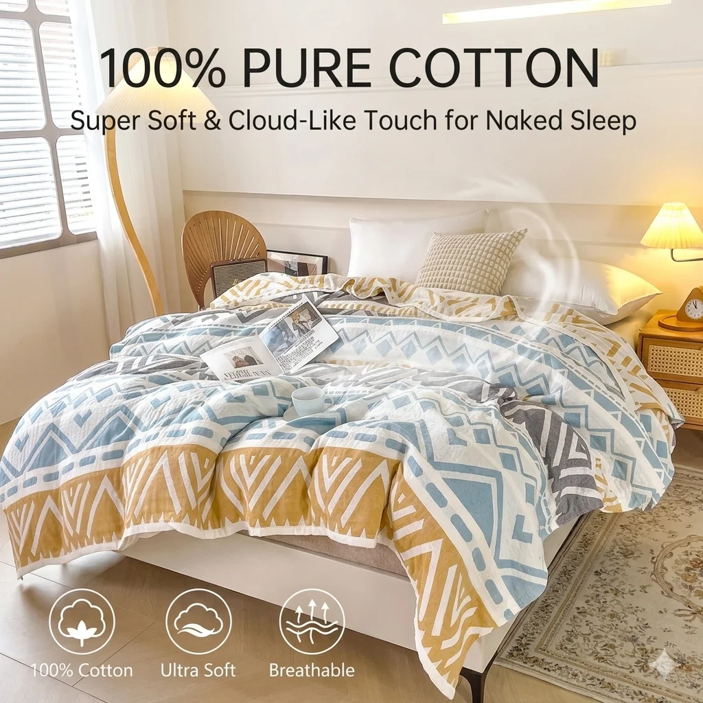 100% Cotton 3-Layer Gauze Blanket Boho Geometric Bedspread Soft Breathable Muslin Summer Quilt Thin Comforter for Bed Couch