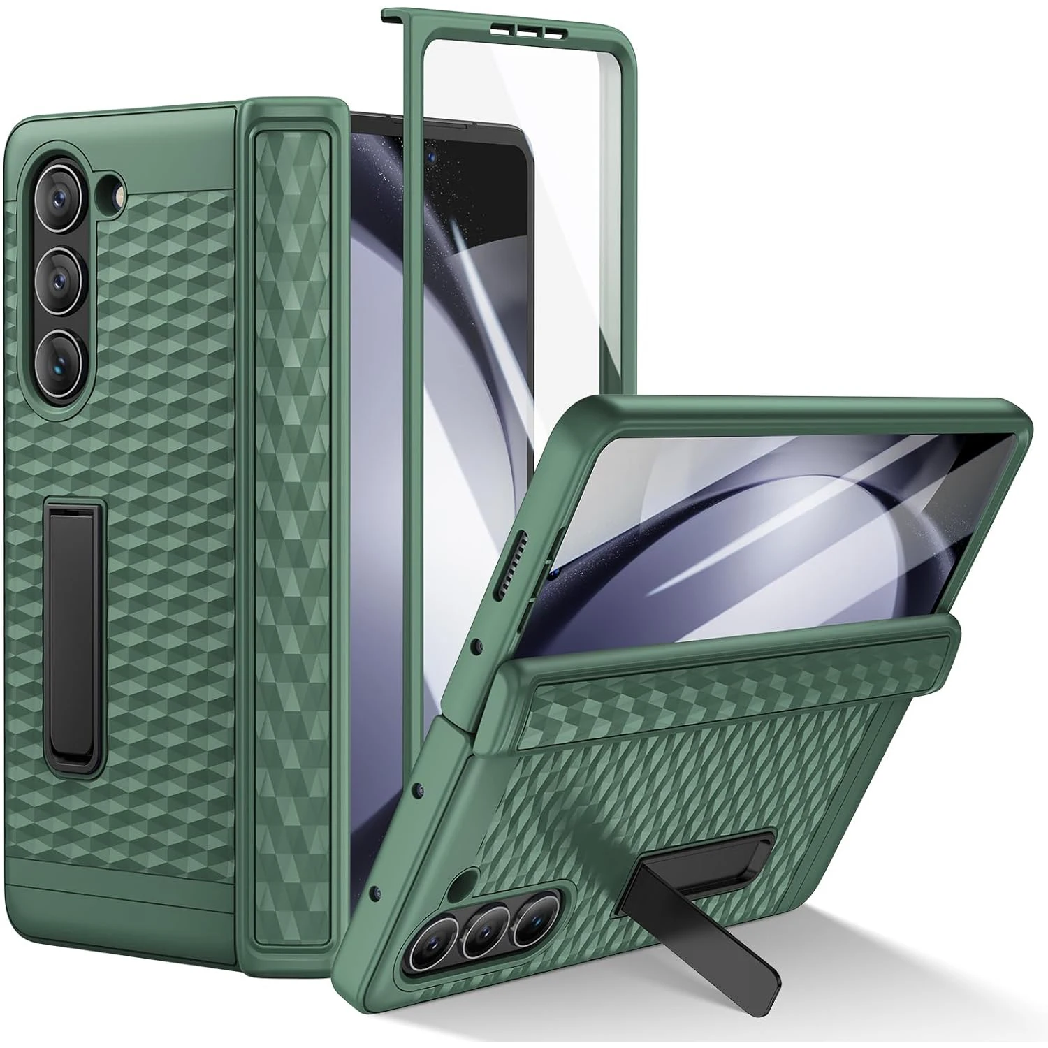 for Samsung Galaxy Z Fold 5 Case with Spring Hinge Protection&Built-in Screen Protector and Adjustable Kickstand, Non-Slip