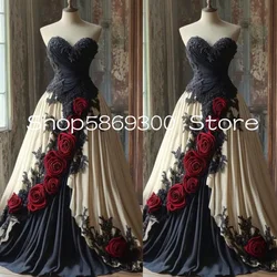 Gothic Black Champagne Wedding Dresses 2025 customsized Red Roses lace-up corset victorian Bridal Gown halloween costume