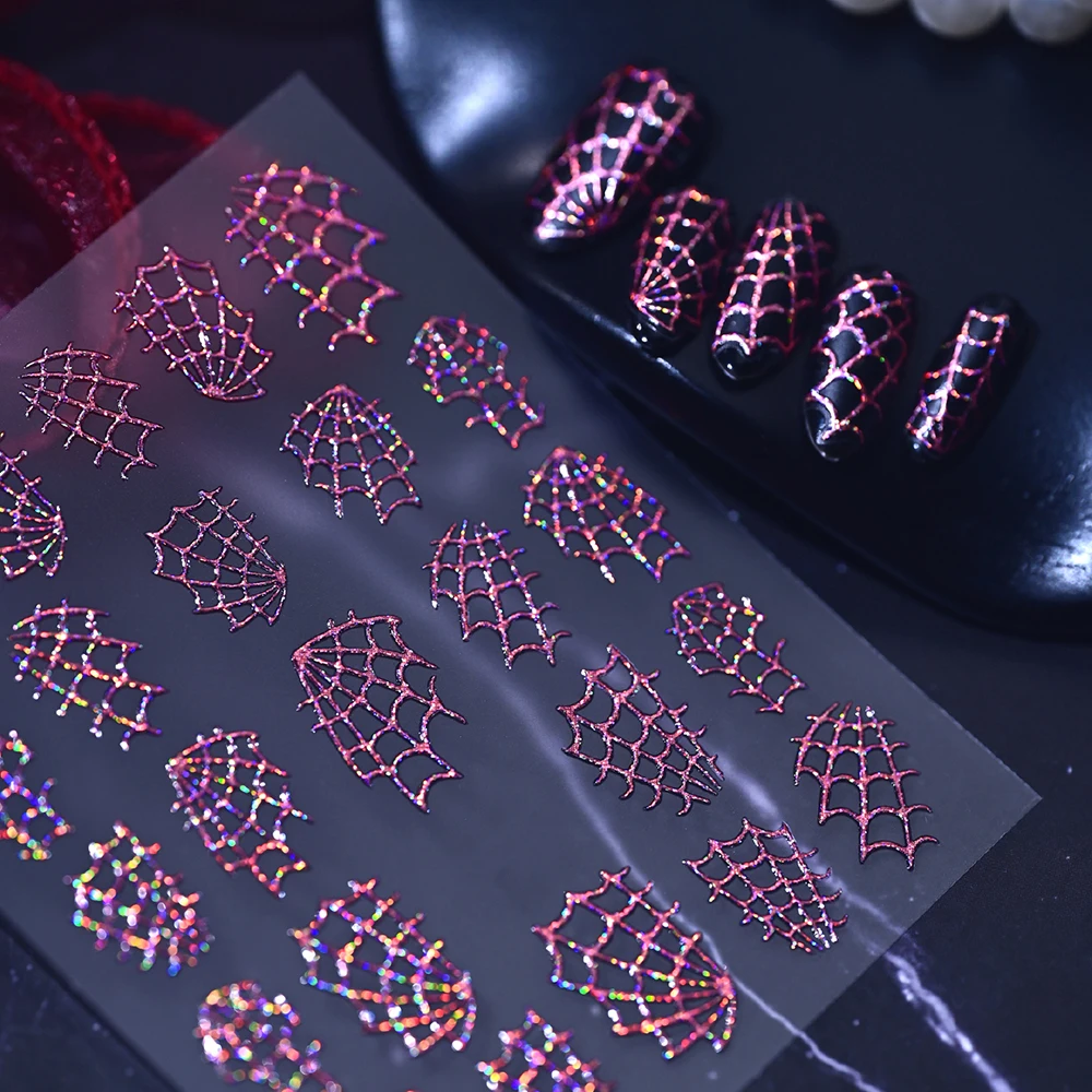 1 Blatt 3D Holographische Glitzer-Spinnennetz-Nagelaufkleber Halloween Glänzende Laser-Spinnennetz-Nagelsticker Selbstklebende Nageldekoration – Detail 9