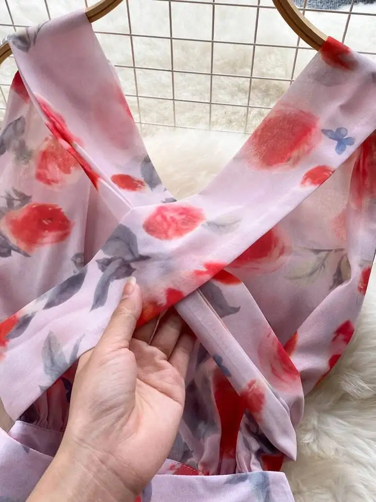 Mulheres sexy sem costas vestido de praia verão pintura a óleo impresso com decote em v chiffon vestidos longos senhoras magro a linha camada longo robe