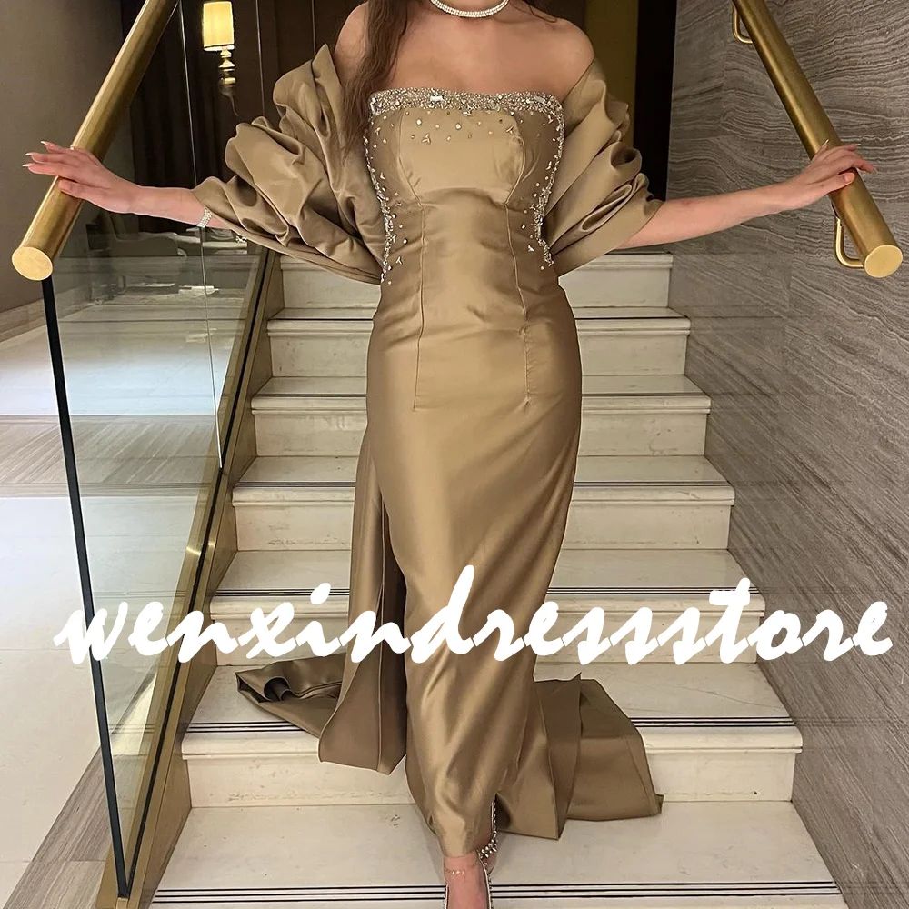 Customized Delicate Crystal Satin Off the Shoulder Evening Dress Exquisite Strapless Straight Half Sleeves Homecoming Gowns