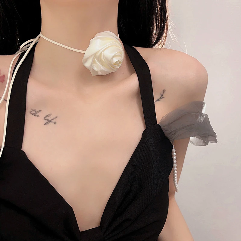 Niche Vintage Rose Choker Necklace Handmade Collar Wrist Flower Feminine Waist Rope Tie Fashion Accessories for Women