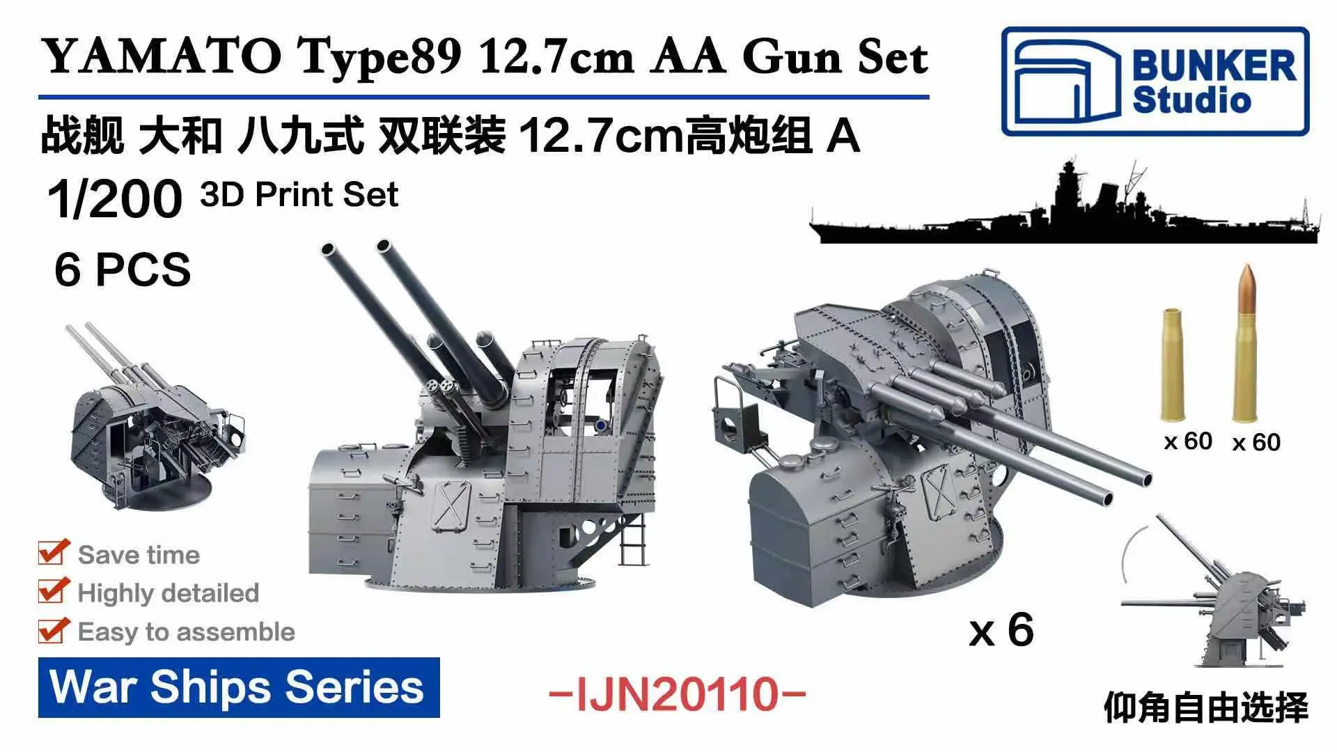 

BUNKER IJN20110 YAMATO Type89 12.7cm AA Gun Set 3DPrint Set