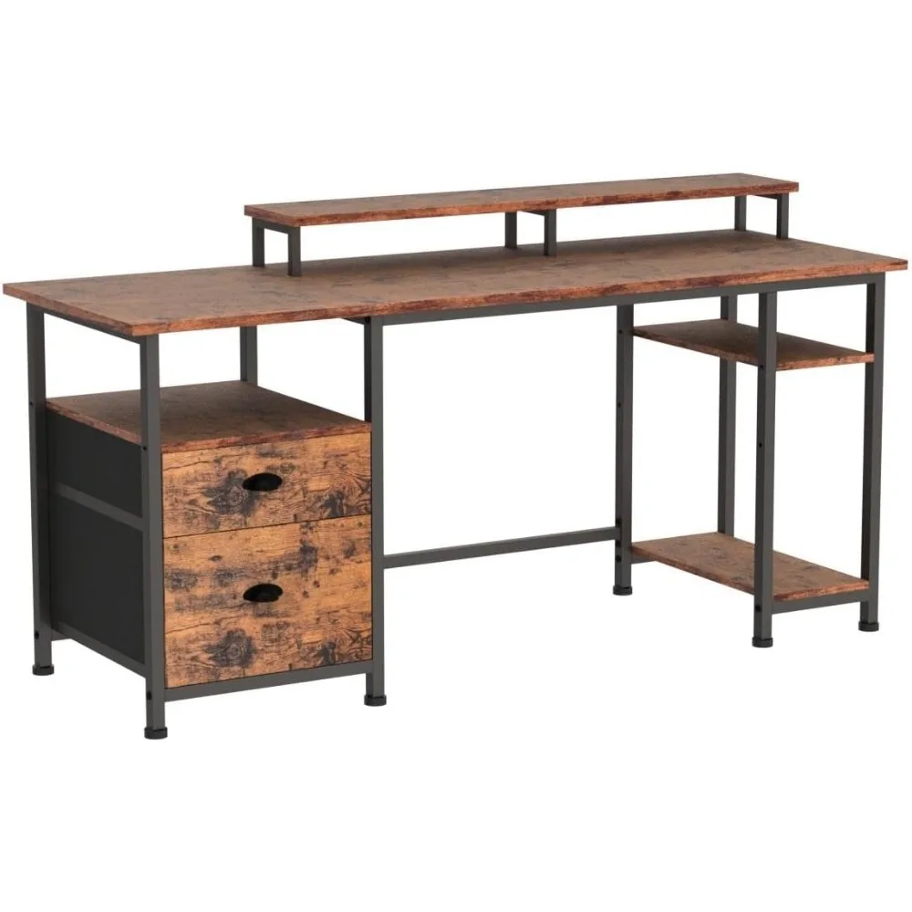 61" Long Desk with Fabric File Drawer, Industrial Writing with Large Monitor Stand, Study Table Workstation, Rustic Brown