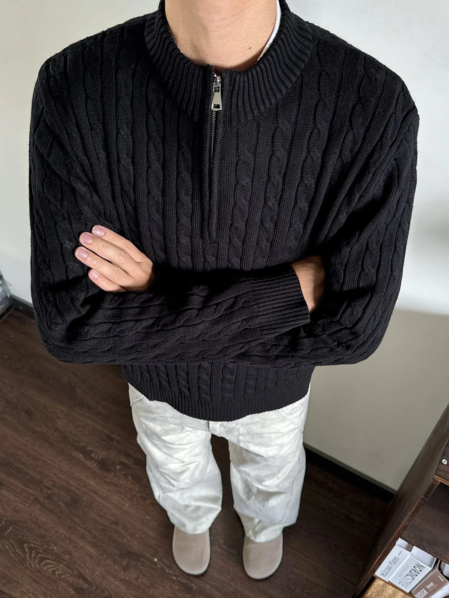 Maglione lavorato a maglia retrò americano da uomo autunno inverno pigro casual versatile collo alto f zip fibra di poliestere lungo Sve Swe...