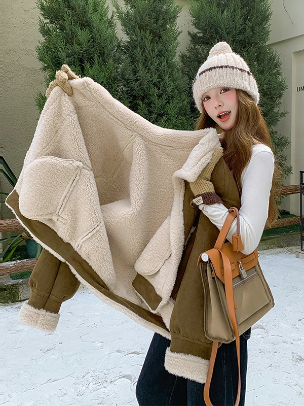 Women's Fce Lined Thiened Lamb Fur Jaet ort Sle Autumn Winter New Arrival Warm Top Faion Versatile Loose Fit Lon...