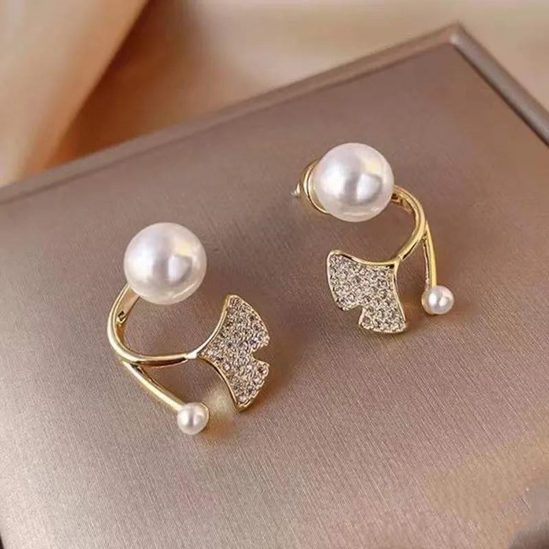 Trendy Korean U-Shape Pearl Earrings for Women 2024 Fashion Crystal Ginkgo Leaf Earrings Cute Sweet Girls Gift Jewelry aretes