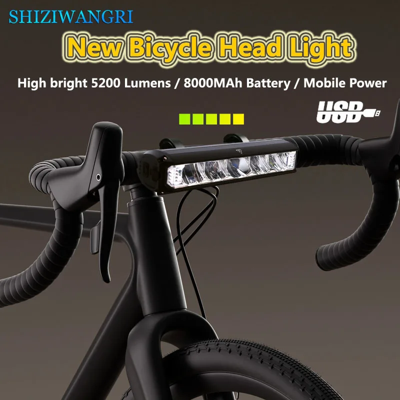 

SHIZIWANGRI 5200LM Bicycle Light Front 8000mAh Bike Light Waterproof Flashlight USB Charging Headlight for MTB Road Cycling Lamp