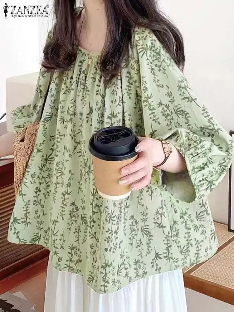 ZANZEA Vintage Floral Print Blouse Women Autumn Korean Long Sleeve Pleated Tops Tunic Pleated A-line Shirt Holiday Loose Blusas