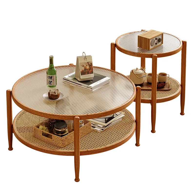 

Glass rattan coffee table living room home modern simple small apartment Japanese round new small tea table