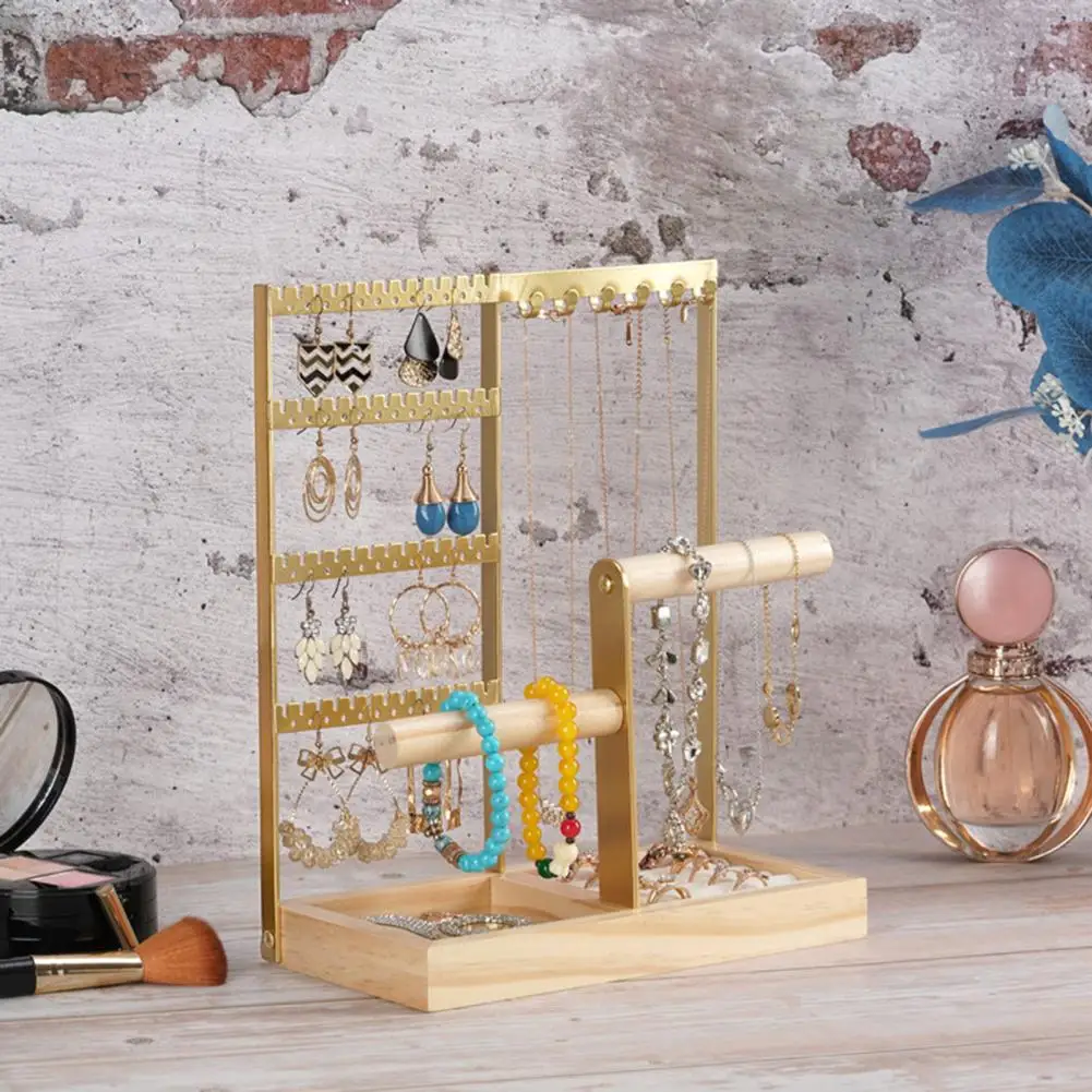 Earring Organizer Multi-tier Jewelry Organizer Stand with Wooden Tray Necklace Holder Earring Display Rack Bracelet Ring Storage