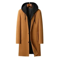 Men Hooded Woolen Blends Cashmere Long Casual  Wool Coats Trench Coats Male Winter Coats Business Casual Winter Jackets