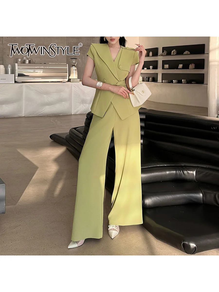 

TWOTWINSTYLE Solid Two Piece Set For Women V Neck Short Sleeve Tunic Top High Waist Pant Temperament Pant Female Fashion Clothes