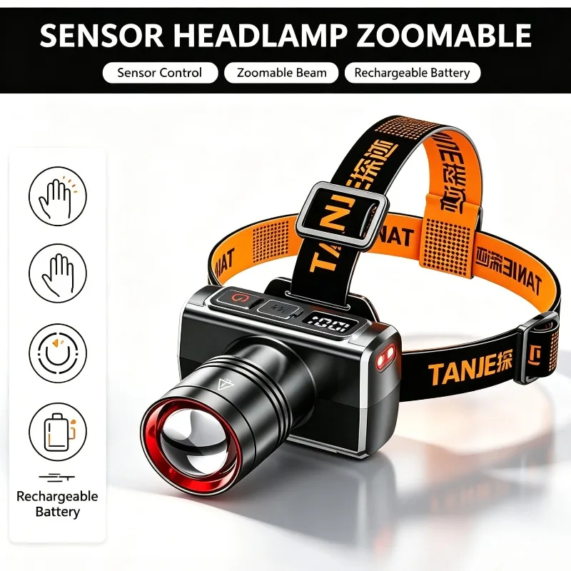 Headlamp Rechargeable White Laser Zoom Motion Sensor Headlight Super Bright Fishing Camping Front Flashlight