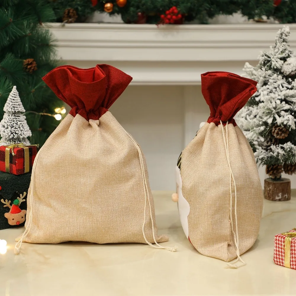 الكتان هدايا عيد الميلاد حقيبة مع الرباط أولدمان ثلج الأيائل علاج كاندي حقيبة تخزين قابلة لإعادة الاستخدام أكياس هدايا عيد الميلاد لحفلة عيد الميلاد