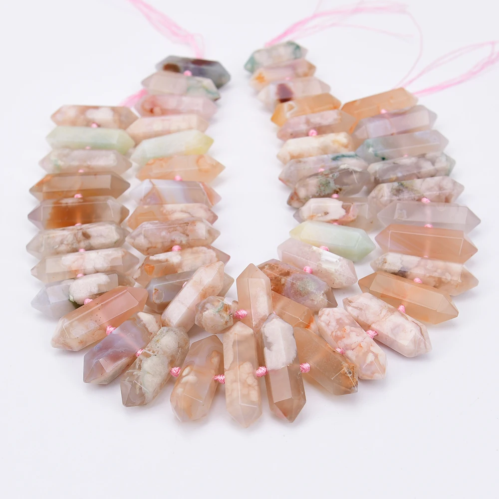 APDGG Large 12x42mm Natural Pink Sakura Quartz Blossom Cherry Agate Cutting Point Loose Beads 16'' Strand Jewelry Making DIY