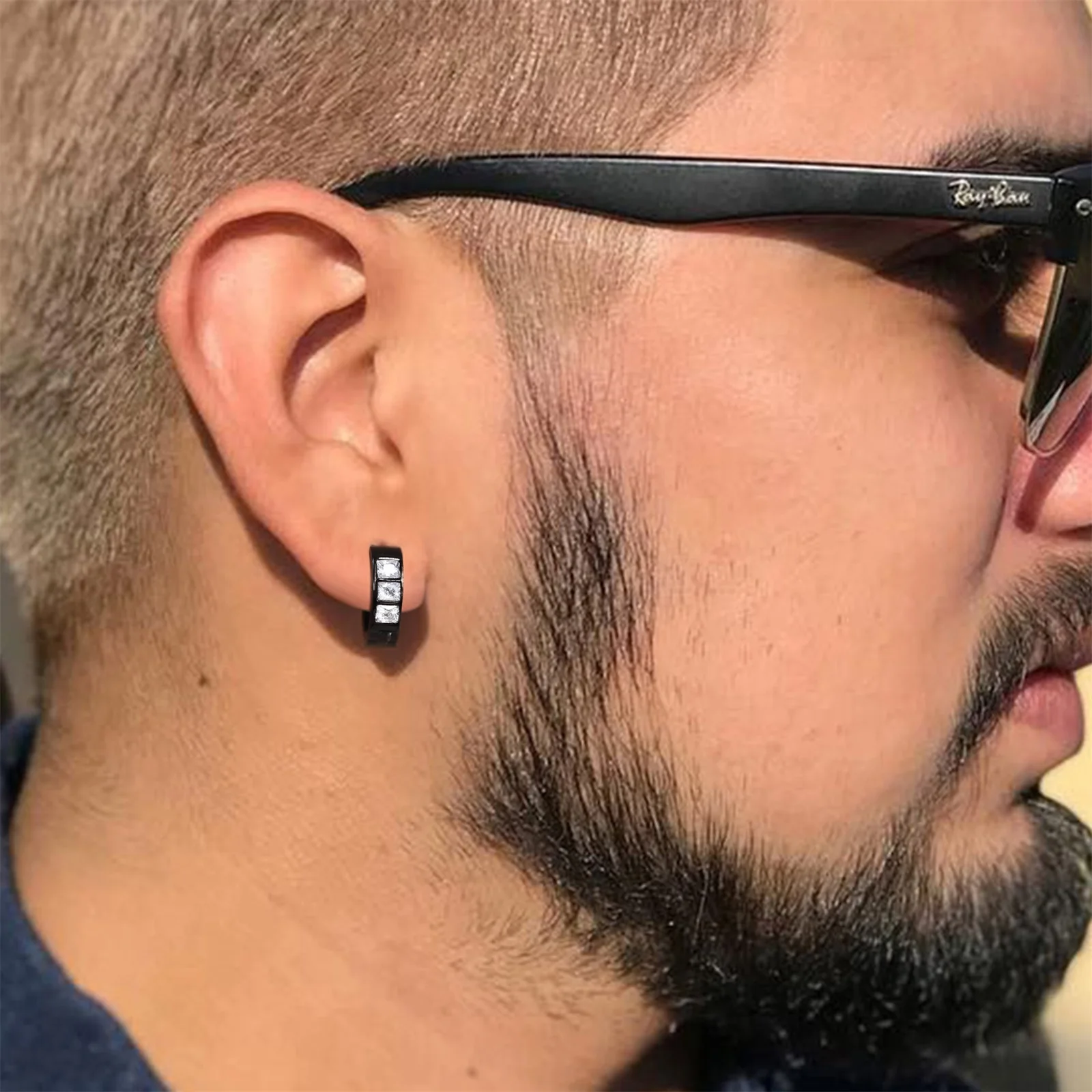 Black Hoop Earrings for Men Boy,AAA Cubic Zirconia Stone Huggie Hoop,Exquisite Stylish Jewelry Gifts for Him