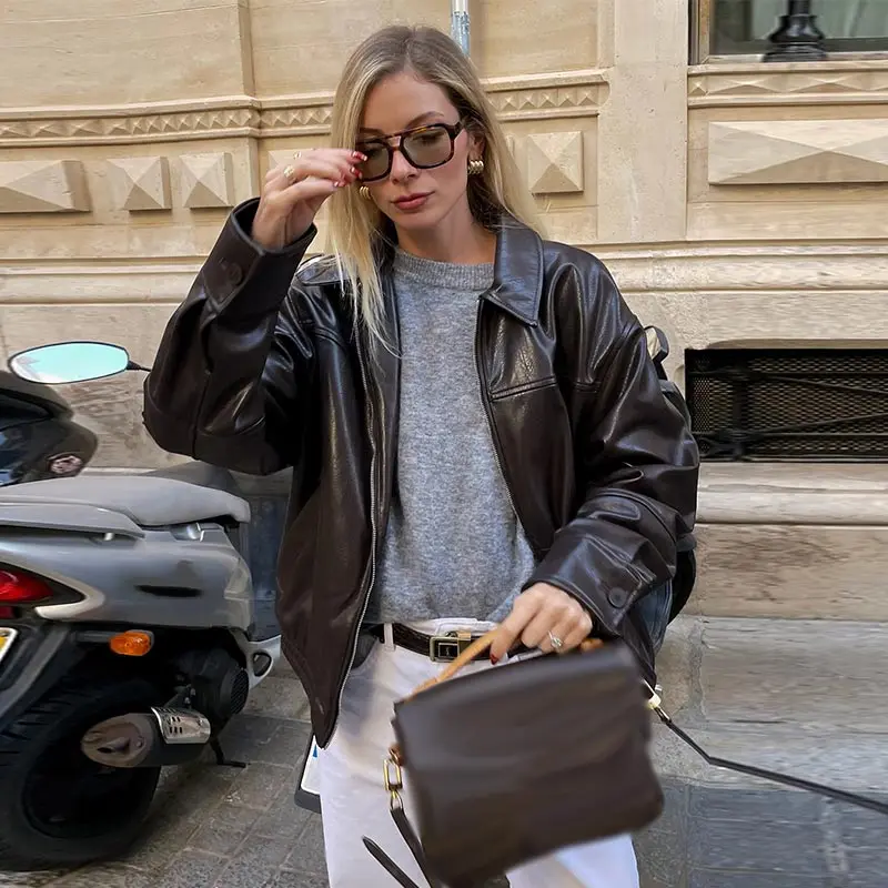 Vintage เสื้อแจ็คเก็ตหนังเสื้อแขนยาว Laple Zipper ผู้หญิงกระเป๋าเสื้อแจ็คเก็ตหญิงฤดูใบไม้ผลิแฟชั่นใหม่ Lady Streetwears