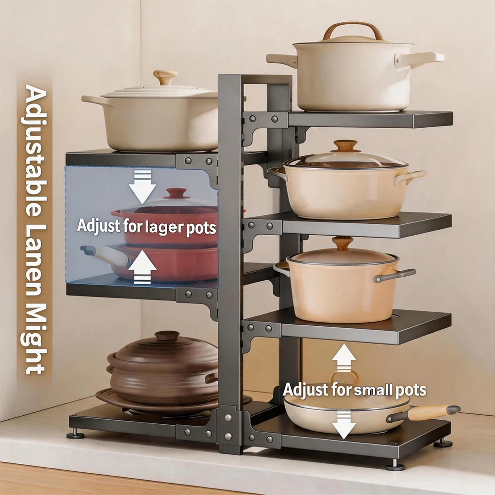 Organizzatore salvaspazio a 7 livelli per pentole, scaffale da cucina, supporto regolabile e resistente in metallo per pentole, padelle e altri utensili da cucina.